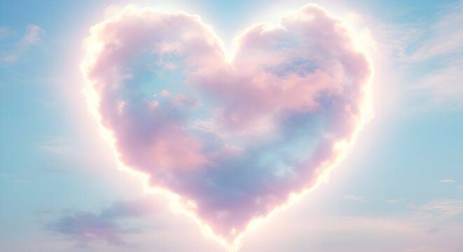 Dreamy heart shaped cloud formation in pastel colors against a soft blue sky - Powered by Adobe