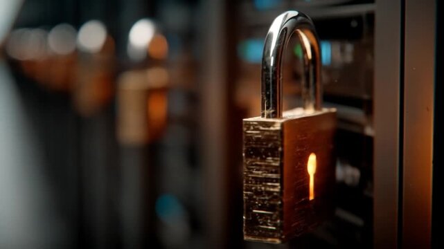 Padlock secures server rack with soft blue and orange bokeh lights