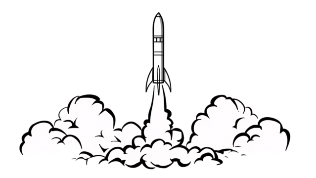Stylized white rocket launching with smoke plumes isolated on transparent background