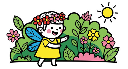 Fototapeta premium Cartoon fairy with flower crown in a garden under a bright sun with green bushes and colorful flowers