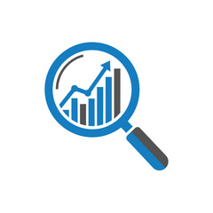 Magnifying glass icon analyzing a bar chart with an upward trend, symbolizing business growth and data analysis.