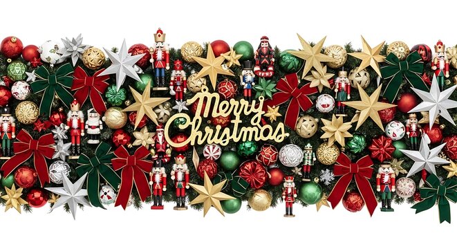 Elegant festive merry christmas garland border, richly adorned with traditional nutcrackers, sparkling baubles, stars, and bows.