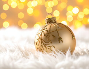 Golden Christmas Ornament on Furry Surface with Bokeh Lights, Winter Holiday Decoration