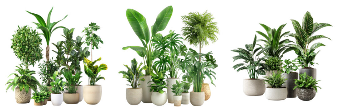 A collection of lush potted plants in various shapes and sizes, bringing the freshness of the outdoors to an interior space. The vibrant green foliage adds a touch of nature and serenity.