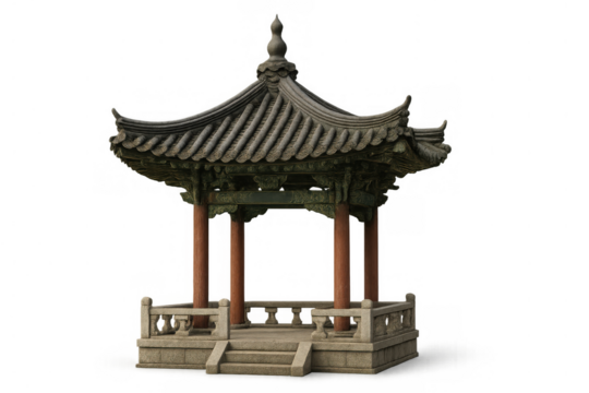 Traditional korean stone and wood pavilion with ornate roof detail, celebrating asian architecture and heritage on transparent background