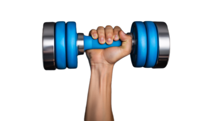 Hand holding a blue adjustable dumbbell for weightlifting and strength training isolated on transparent background