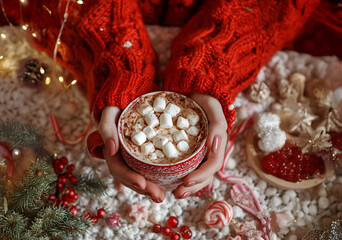Female hands in a red knitted sweater holding a cup of delicious hot chocolate with marshmallows on a red festive background
