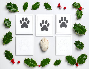 Dog Paw Christmas Holiday Decoration with Holly Berries and Paw Prints