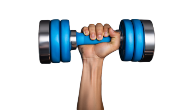 Hand holding a blue adjustable dumbbell for weightlifting and strength training isolated on transparent background