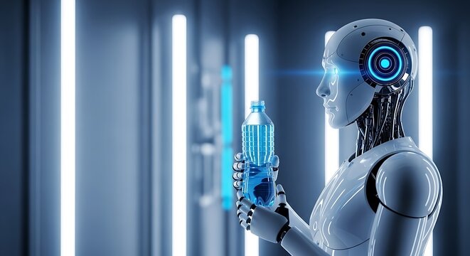 Robot holding clear plastic water bottle android artificial intelligence
