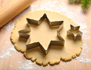 Christmas Cookie Baking Star-Shaped Cookies with Cutters, Dough, and Rolling Pin