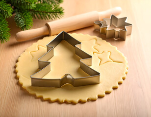 Baking festive Christmas cookies. Tree cutter on rolled dough, star shapes, rolling pin, pine branch. Homemade holiday treat preparation