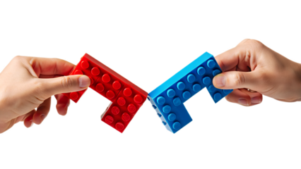 Two hands holding interlocking red and blue building blocks against a black background isolated on transparent background