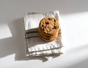 A minimalist top-down view of freshly baked chocolate chip cookies stacked on a kitchen napkin, with bright overhead sunlight creating clear shadows
