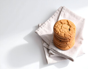 A stack of delicious, freshly baked cookies rests on a neatly folded napkin, bathed in soft, directional light creating gentle shadows