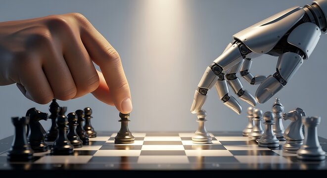 Human versus robot playing chess board game human hand - Powered by Adobe