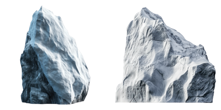 Two icebergs are side by side against a neutral backdrop, exhibiting their natural and imposing structures. The composition highlights the intricate textures of the ice.