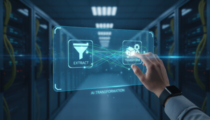 AI data foundation quality. expert selects data to fuel ai transformation for business growth with confident focused gesture