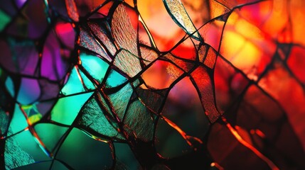 Intricate network of cracked glass, backlit with vibrant colored light, abstract stained glass effect, sharp details, artistic fragmentation