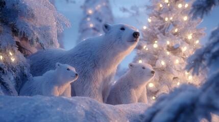 Polar Bear Family in a Snowy Winter Forest with Warm Christmas Lights Decoration