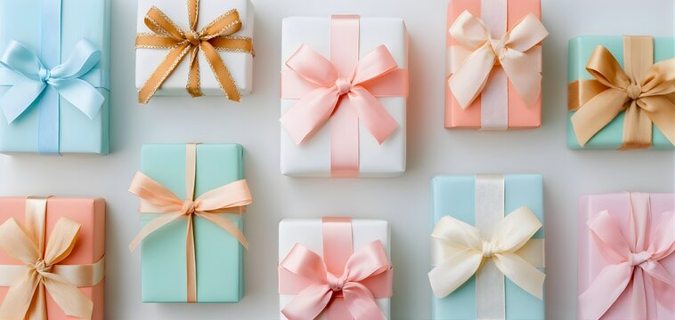 Collection of beautifully wrapped gift boxes with satin ribbons in pastel colors arranged neatly