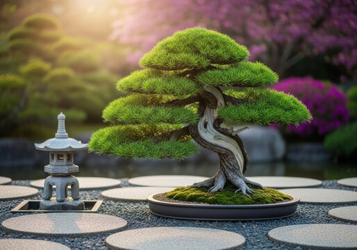 Artistic bonsai tree in a tranquil garden setting isolated on white background