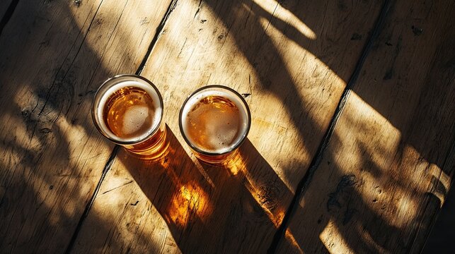 Two glasses of iced tea with lemon slices on a wooden table in dramatic sunlight