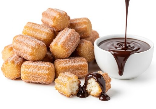 Pile of churro bites with chocolate sauce isolated on white background