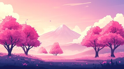 A serene landscape featuring a sunset or sunrise over cherry blossom trees in full bloom