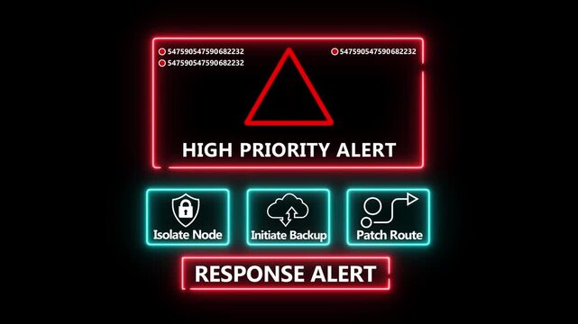 High priority alert response notification on digital interface in data center server room with isolate node initiate backup patch route options.computer hacking attack warning message .4k video