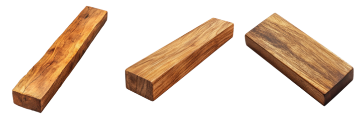 Three rectangular wooden blocks, showing their textured surface. Each block exhibits natural grain patterns. The lighting accentuates the warm tones of the wood. 