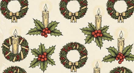 Christmas pattern with wreaths, candles, and holly berries