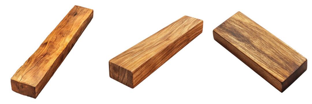 Three rectangular wooden blocks, showing their textured surface. Each block exhibits natural grain patterns. The lighting accentuates the warm tones of the wood. 