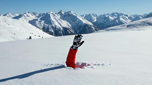 Red Sleeve And Black Glove Hand Emerging From Deep Snow With Majestic Snow Covered Mountain Range Under Bright Blue Sky In Alpine Landscape
