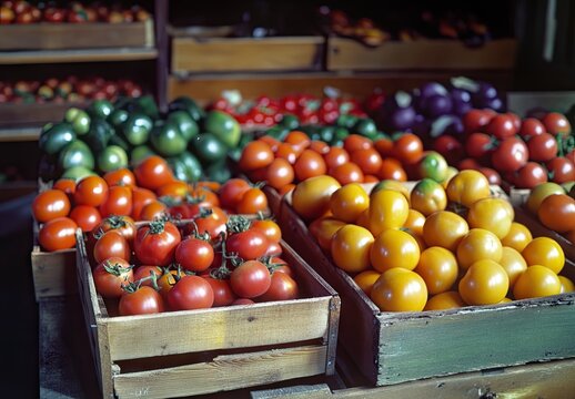A vibrant display of fresh tomatoes and small yellow plums arranged in wooden crates at a market or grocery store