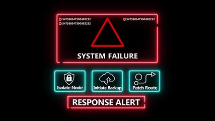 System failure response notification on digital interface in data center server room with isolate node initiate backup patch route options.computer hacking attack warning message .4k video - Powered by Adobe