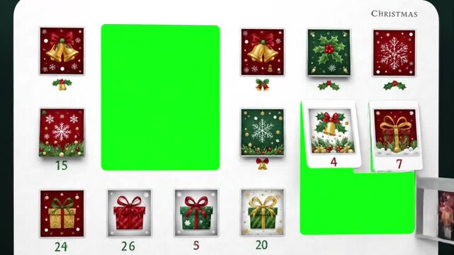 Interactive Holiday Reveals with christmas advent calendar window to green screen 24 illustrated windows animate open chroma distortion, overlay, glitch, static noise, scan lines on black background