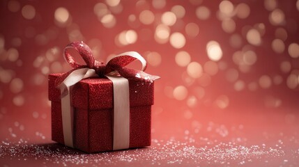 Red Glitter Gift Box with White Ribbon on Red Background