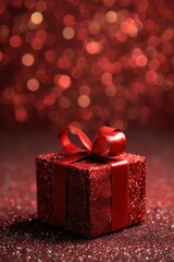 Red Glitter Gift Box with Bow on Sparkling Background