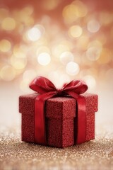 Red Glitter Gift Box with Red Ribbon on Gold Background