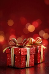 Two Red Glitter Gift Boxes with Bows on Red Bokeh Background
