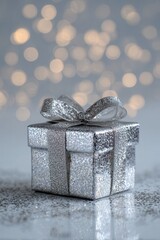 Silver Glitter Gift Box with Bow under Festive Lights