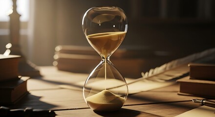 Golden sands cascade within an elegant hourglass on a scholar's desk, embodying the precious and fleeting nature of moments and the enduring pursuit of knowledge
