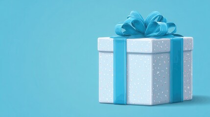 White Gift Box with Light Blue Ribbon and Bow on Blue Background