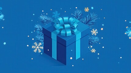 Blue Gift Box with Ribbon and Winter Decorations