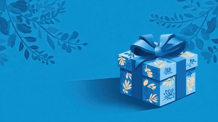 Blue Gift Box with Floral Pattern and Ribbon on Blue Background