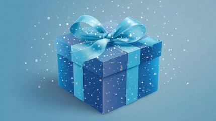 Blue Gift Box with Light Blue Ribbon and Snowflakes