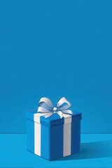 Blue Gift Box with White Ribbon on Blue Background