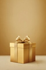 Gold Gift Box with Satin Bow on Beige Background