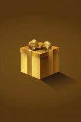 Golden Glitter Gift Box with Bow on Brown Background